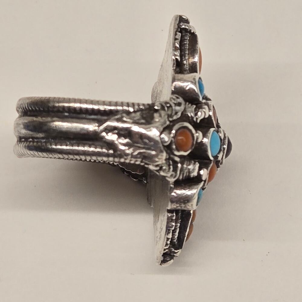Vintage 70's 80's Boho Eclectic Global Tribal Multi-Color Shield Silver Ring, 7 - Picture 8 of 12